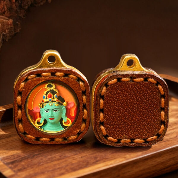 Hand-painted wipe thangka mini pendant Zakiram's past and present life Green Tara Fifth Master Tibetan leather case Small thangka